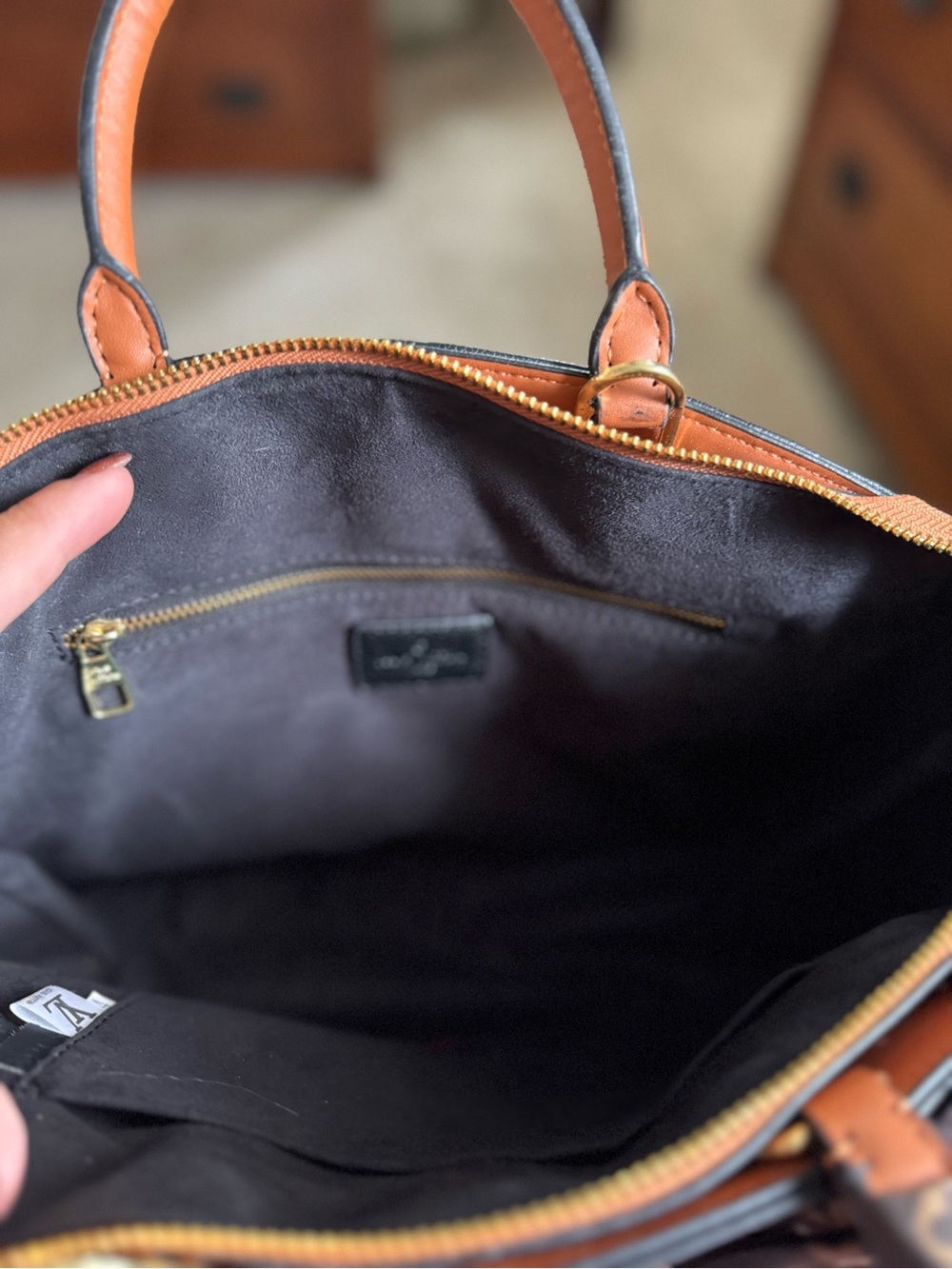 Black Embossed Leather Tote with Tan Trim - Picture 7 of 8